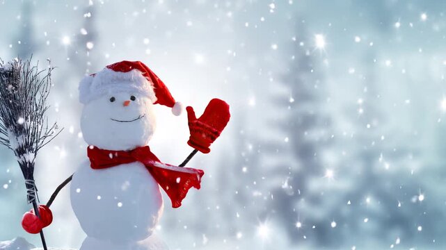 Happy snowman in a scarf and red Santa hat standing and waving against a winter Christmas landscape.