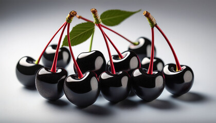 Unique And Artistic Cherry Design Featuring Black Cherries With Red Stems And Leaves
