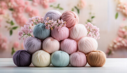 Stacked Colorful Wool Balls Pastel Shades Small Pink Flowers