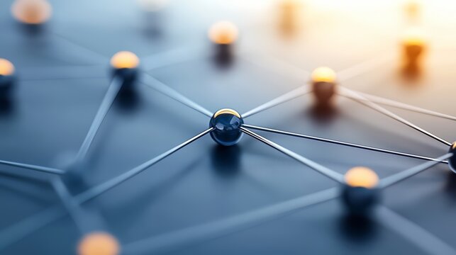 Close up of a bunch of balls connected by strings. The balls are of different sizes and colors. Concept of interconnectedness and complexity, as the balls are linked together in a web-like pattern