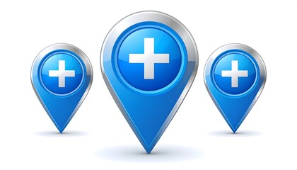 Obraz premium Three blue location markers with plus signs