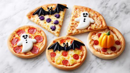 Delicious Halloween-themed pizzas featuring ghosts, bats, and a pumpkin made for a festive celebration