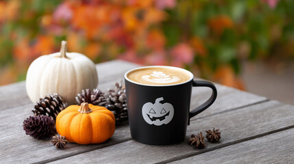Fall coffee with Halloween theme beside pumpkins and pinecones in a cozy outdoor setting