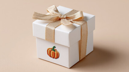 Small white gift box tied with a golden ribbon and adorned with a pumpkin design on a clean surface