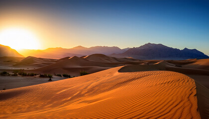 Serene Desert Landscape With Vibrant Sand Dunes And Mountains At Sunrise