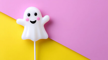 Cute Halloween ghost lollipop on vibrant colored background