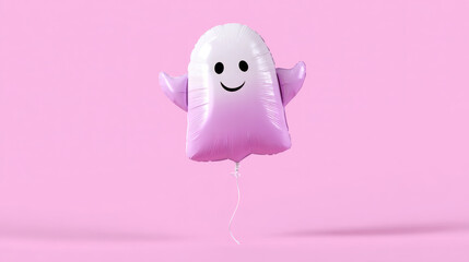 Colorful ghost balloon floating against a pink background, adding a playful touch to festive occasions
