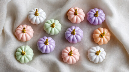 Colorful decorative pumpkins arranged on a soft fabric for a cozy fall theme in natural light