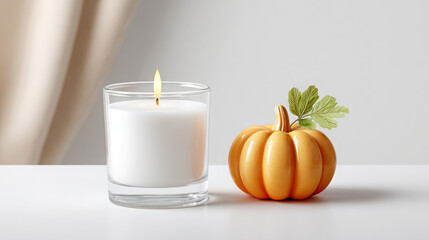 Elegant fall candle and small decorative pumpkin on a simple table setting