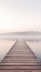 Fototapeta premium Tranquil Morning Scenery Wooden Pier Extends Over Still Water Towards a Forest Shrouded in Mist