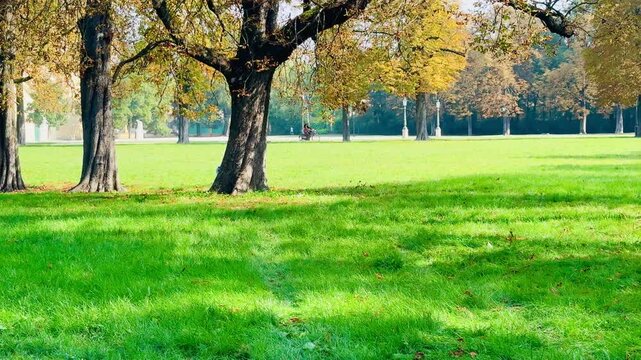 Beautiful autumn park in Parma, Italy, featuring green fields, colorful trees, and people walking outdoors.