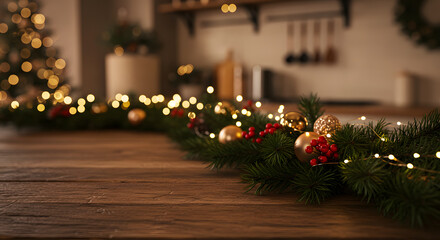 Christmas Garland and Lights on Rustic Wooden Kitchen Table