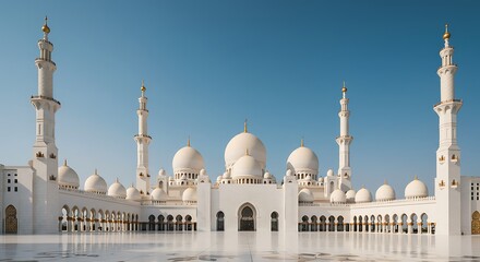 Grand white mosque exterior against clear blue sky architectural view