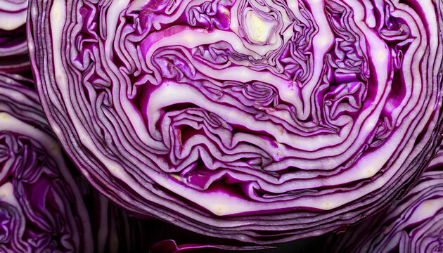 Close Up Of Fresh Sliced Purple Cabbage Showing Intricate Patterns And Vivid Colors