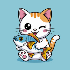 Obraz premium An adorable cat character is featured winking and holding a large fish, presenting a delightful blend of playfulness and satisfaction in a colorful and vibrant illustration.