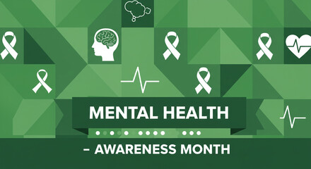 Promoting vital mental health awareness month with supportive green ribbons, brain illustrations, and caring heart symbols for global well-being initiatives and community support