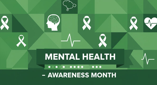 Promoting vital mental health awareness month with supportive green ribbons, brain illustrations, and caring heart symbols for global well-being initiatives and community support