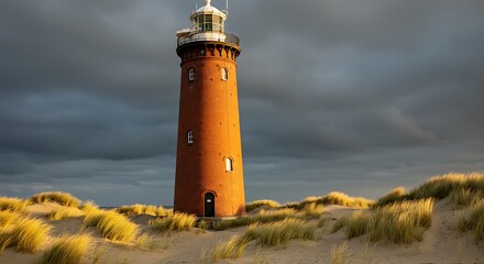 Historic lighthouse tower on sandy hilltop under dramatic cloudy sky