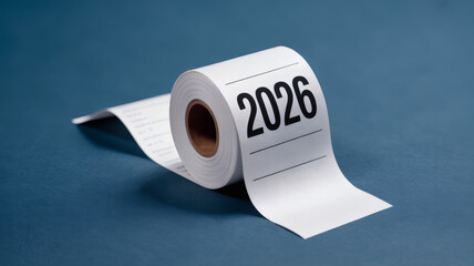 Unrolled Thermal Receipt Paper Roll with 2026 Year Printed in Large Bold Text on a Solid Blue Background Finance Business Planning and Expenses Concept