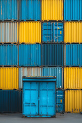 Fototapeta premium Stacked colorful shipping containers create a vibrant pattern. Geometric design of blue and yellow for global trade and transportation.