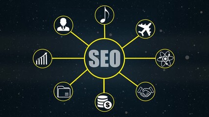 Futuristic seo data format concept with glowing blue interface elements, showcasing user, target, growth, speaker, settings, and idea icons on a Business digital background. - Powered by Adobe