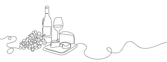 Continuous line of wine bottle and ingredients, wine glass, cheese, bunch of grapes. Hand drawn vector doodle art line. Editable stroke. © Proongnee