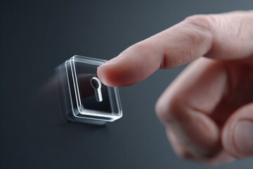 Macro close-up of a human finger about to press a transparent futuristic security button with a keyhole symbol