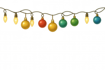 Holiday lights and colorful christmas ornaments forming a decorative garland with transparent background