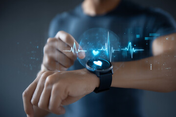 Health tracking: Man checking heart rate on smartwatch, with a digital heartbeat graphic overlay for health monitoring.