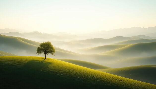 A lone tree graces a vibrant green hilltop as soft fog blankets the rolling landscape at golden hour
