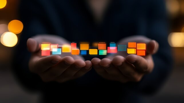 Hand holding a bunch of colorful blocks. The blocks are arranged in a way that they resemble a person's hand. Concept of creativity and playfulness, as the blocks are not just ordinary objects