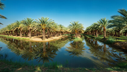 Obraz premium Date Palm Oasis During The Day The Lush Greenery Palm Tree Farm Against A Clear Sky
