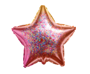Pink star-shaped balloon with colorful confetti, perfect for celebrations.