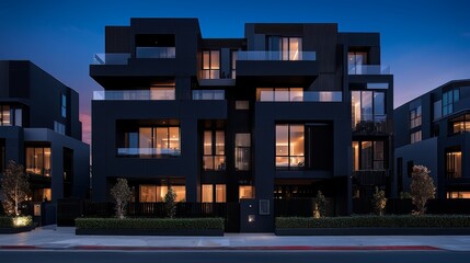 Large black building with a lot of windows and a balcony. The building is lit up at night