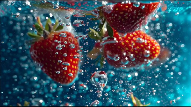 Strawberry splashing in water, background in a blue color. - Powered by Adobe