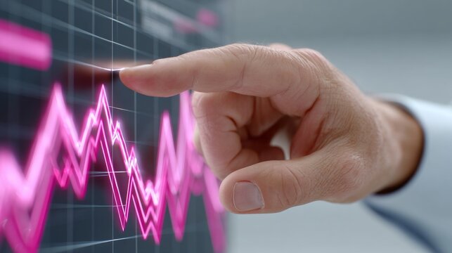 Businessman's hand interacting with fluctuating pink graph line on digital screen