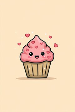 Naklejki Cute cartoon cupcake with pink cream and hearts