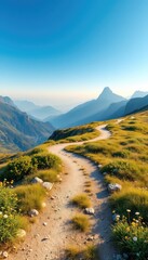 Naklejka premium Winding footpath ascends a grassy mountainside revealing distant peaks under a vast blue sky, conveying peace and exploration