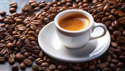 Naklejka premium Espresso Coffee In An Elegant White Cup Surrounded By Dark Coffee Beans