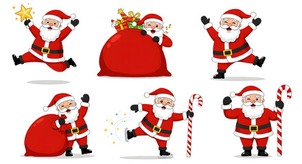 Set of Six Cute Cartoon Santa Claus Poses and Actions
