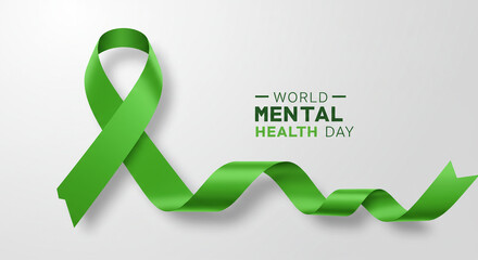 A vibrant green awareness ribbon elegantly floats, highlighting World Mental Health Day, perfect for promoting well-being and support campaigns.