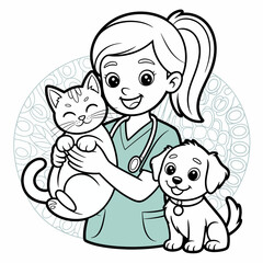 A heartwarming scene showcasing a veterinarian with a cat and dog, representing care and compassion for animals, perfect for promoting veterinary services and animal welfare.