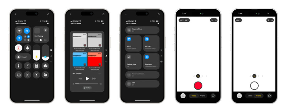 Apple iPhone Control Center UI and Camera Settings UI 2025 update with iOS 26 liquid glass style. Vector design featuring updated system controls and camera interface shown on iPhone 17