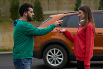 Naklejka premium Car keys handshake, seller or car salesman and customer in a dealership, shake hands over the car keys