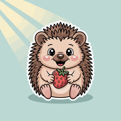 A delightful cartoon hedgehog holds a bright red strawberry, showcasing a cheerful demeanor against a soft blue background with playful rays of sunlight.