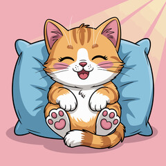 The charming illustration showcases a happy cat lounging on a blue pillow, radiating warmth and comfort, capturing the essence of relaxation and contentment.