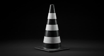 Black and white traffic cone isolated on dark background safety and hazard