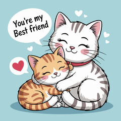 Two adorable cats cuddle affectionately, conveying a heartfelt message about friendship and companionship, illustrated in a delightful and charming style that warms the heart.