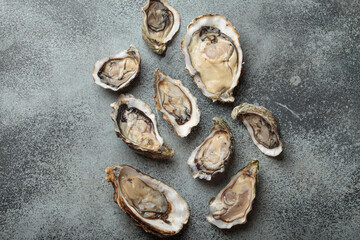 Scattered across a dark gray textured surface, several freshly opened oysters reveal their glistening interiors alongside rough, rugged shells, the essence of gourmet seafood delicacies