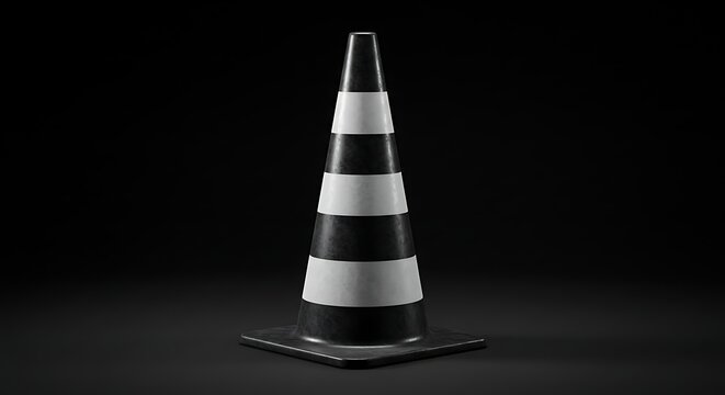 Black and white traffic cone isolated on dark background safety and hazard